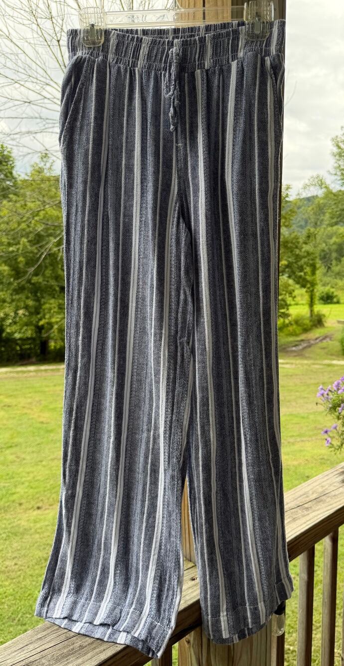 Briggs Navy Blue Striped Linen Blend Wide Leg Pants S Fisherman Coastal Beachy